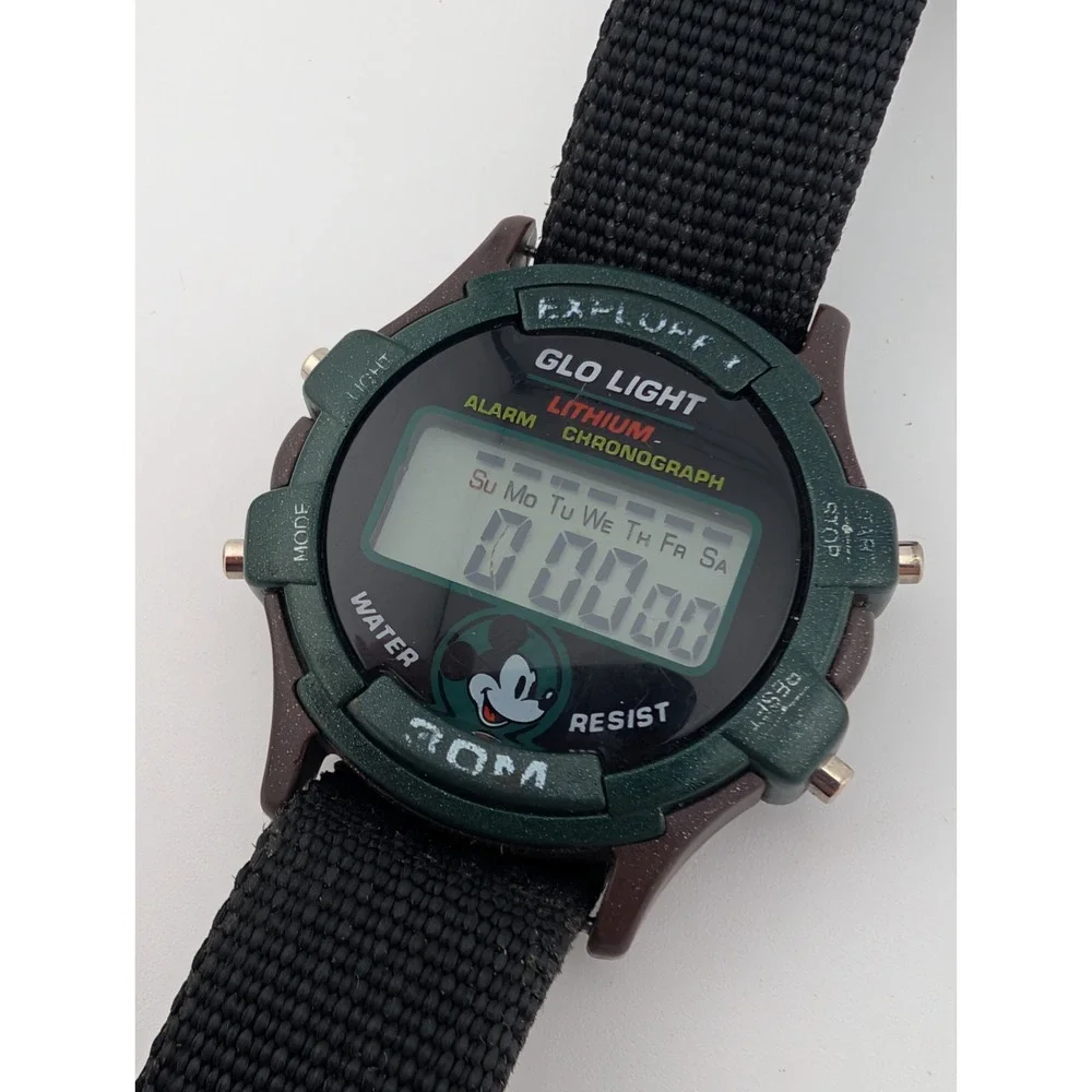 Vtg 1990's Disney MICKEY MOUSE Explorer Glo Light Digital Watch- New Battery‎